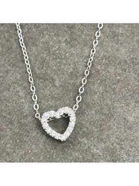 Silver-tone rhinestone cubic zirconia tiny small heart pendant necklace